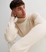 New Look Off White Ribbed Knit Roll Neck Muscle Fit Jumper